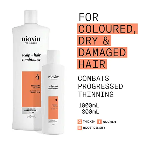 Image 1, for coloured dry and damaged hair. combats progressed thinning. thicken, nourish and boost density. image 2, use system kit 4 to see results in just 30 days. results with everyday use. based on a survey among 230 US panellists concerned about thinning hair who tried the systems. image 3, for thicker, fuller hair. boosts hair density and nourishes for progressed thinning. leaves hair thicker, fuller while maintaining vibrant colour. formulated with powerful niacinamide and biotin. clinically and dermatologically tested. image 4, how to use scalp and hair shampoo. 1 = massage cleanser shampoo into hair and scalp. 2 = rinse thoroughly. image 5, mentha arvensis leaf oil = also known as wild mint oil, this oil is known for its refreshing and invigorating benefits that stimulate the scalp and promote circulation. peppermint oil = can assist in regulating sebum production and controlling oiliness. image 6, nioxin scalp and hair conditioner results = restores moisture and resilience, as it promote vitality and health to the scalp and hair. image 7, nioxin grows results. only nioxins advanced scalp science can target hair thinning and hair loss for proven results. you can see an feel. image 8, new look, same great formula.