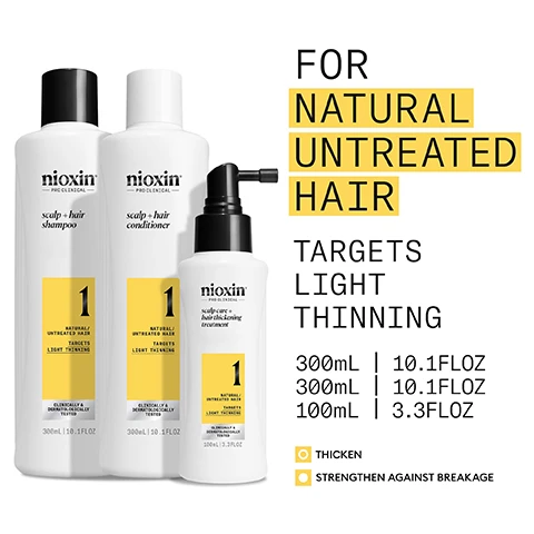Image 1, for natural untreated hair. targets light thinning. thicken and strengthen against breakage. image 2, use system kit 1 to see results in just 30 days. results with everyday use. based on a survey among 230 US panellists concerned about thinning hair who tried the system. image 3, for thicker, fuller hair. thickens and strengthens light thinning hair. hydrates scalp and hair from toot to tip. formulated with powerful niacinamide and biotin/ clinically and dermatologically tested. image 4, how to use scalp and hair conditioner. 1 = work conditioner through hair scalp to ends. 2 = rinse thoroughly to make sure all product is removed. image 5, mentha arvensis leaf oil = also known as wild mint oil this oil is known for its refreshing and invigorating benefits that stimulate the scalp and promote circulation. peppermint oil = can assist in regulating sebum production and controlling oiliness. caffeine = stimulates hair follicles, improves blood circulation and maintains the skin barrier. niacinamide = a form of vitamin B3, niacinamide helps nourish the hair root and can have a positive impact on hair growth and overall scalp health. image 6, 1 = nioxin scalp hair and shampoo - removes dirt, sebum and other environmental residues. 2 = nioxin scalp and hair conditioner - helps provide hair resilience, hydrates scalp and hair from root to tip. 3 = scalp care and hair thickening treatment - refreshes the scalp and increases hair volume. image 7, nioxin pro clinical. nioxin grows results. only nioxins advanced scalp science can target hair thinning and hair loss for proven results. you can see and feel. image 8, new look same great formula.