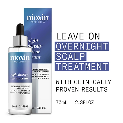 Image 1, leave on overnight scalp treatment. with clinically proven results. image 2, 90% noticed healthy looking hair. based on a clinical study of 60 italian panellists conducted 4 months by eurofins consumer product testing. image 3, for healthy looking hair. reduce hair fall. formulated with oxydine24 technology. clinically proven to boost hair density in 8 weeks. dermatologically tested and anti-aging intensive treatment. image 4, how to use. 2 = every evening, apply 4 drops on your scalp on dry or damp hair. 2 = massage all over. 3 = do not rinse. let the scalp recover during the night. image 5, panthenol = a form of vitamin B5, panthenol has moisturising and nourishing benefits to hair and scalp that help strengthen the hair, reduce breakage and add thickness. lauric acid = penetrates the hair roots and provide nourishment to support healthy hair growth. caffeine - stimulates hair follicles, improves blood circulation and maintains the skin barrier. ginger root extract = known for its potentional to stimulate blood glow to the scalp, ginger root extract promotes hair growth and may also provide natural shine, strengthen hair and support overall scalp health. image 6, nioxin pro clinical. nioxin grows results. only nioxins advanced scalp science can target hair thinning and hair loss for proven results. you can see and feel. image 7, new look same great formula.