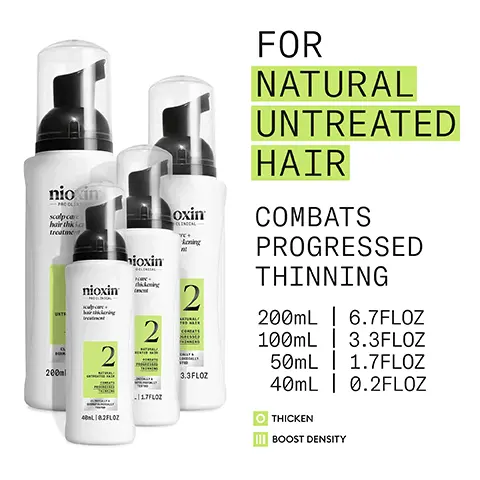 Image 1, nioxin scalp.ca hair thick treatme 200 nioxin 2 ioxin 2 oxin king 2 FOR NATURAL UNTREATED HAIR COMBATS PROGRESSED THINNING 200mL 6.7FLOZ 100mL 3.3FLOZ 50mL 1.7FLOZ 3.3FLOZ 40mL 0.2FLOZ 4082FLOZ -17FLOZ OTHICKEN BOOST DENSITY Image 2, stment PRGCLINTO nioxin Use System Kit 2 to see RESULTS IN JUST 30 DAYS* *Results with everyday use. Based on a survey among 230 U.S. panelists concerned about thinning hair who tried the systems (each tested 1 system kit), conducted by SIRS, 2016. nioxin CLINICAL scalp + hair oodumys nioxin scalp hair conditioner 2 2 Image 3, FOR THICKER, FULLER HAIR BOOSTS HAIR DENSITY FOR PROGRESSED THINNING HYDRATES SCALP AND HAIR FROM ROOT TO TIP FORMULATED WITH POWERFUL NIACINAMIDE & BIOTIN CLINICALLY & DERMATOLOGICALLY TESTED Image 4, HOW TO USE scalp care + hair thickening treatment nioxin корос hair thickening treatment 2 1 Shake the Scalp & Hair Treatment to activate it Apply to scalp and 2 work through hair from roots to ends 100 ml 13.3FLOZ 3 Do not rinse Image 5, SUN PROTECTING INGREDIENTS Formulated with a common UV filter providing protection against the damaging effects of ultraviolet (UV) radiation from the sun CAFFEINE Stimulates hair follicles, improves blood circulation and maintains the skin barrier MENTHA ARVENSIS LEAF OIL Also known as wild mint oil, this oil is known for its refreshing and invigorating benefits that stimulate the scalp and promote circulation NIACINAMIDE A form of vitamin B3, Niacinamide helps nourish the hair root and can have a positive impact on hair growth and overall scalp health Image 6, ΝΙΟΧΙΝ SCALP CARE & HAIR THICKENING TREATMENT result: Provide thicker-looking hair by increasing the fullness of each hair strand, and reducing hair loss through strengthening against damage and breakage. Image 7, nioxin PRO CLINICAL — NIOXIN GROWS RESULTSTM Only Nioxin's Advanced Scalp Science Can Target Hair Thinning and hair Loss for Proven Results You Can See and Feel. Image 8, NEW LOOK same great formula NIOXIN SCALP & HAIR TREATMENT STEP 3 100L Old nioxin scalp care. hair thickening treatment 2 100 mL/3.3 FLOZ New
