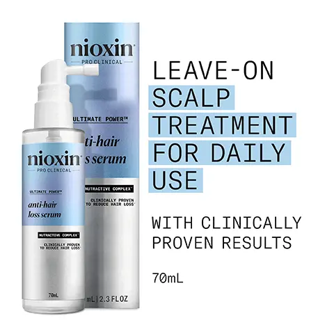 Image 1, nioxin PRO CLINICAL ULTIMATE POWERTM* ti-hair nioxin's serum -PRO CLINICAL ULTIMATE POWER anti-hair loss serum NUTRACTIVE COMPLEX CLINICALLY PROVEN TO REDUCE PAIR LOSS NUTRACTIVE COMPLEX CLINICALLY PROVEN TO REDUCE HAIR LOSS LEAVE-ON SCALP TREATMENT FOR DAILY USE WITH CLINICALLY PROVEN RESULTS 70mL 70L mL 2.3 FLOZ Image 2, CLINICALLY PROVEN TO REDUCE HAIR LOSS* nioxin -PRO CLINICAL ULTIMATE POWER anti-hair loss serum NUTRACTIVE COMPLEX PROVEN CL HAIR LOSS TO *93% noticed via improved hair anchorage; average results in 8 weeks, in a double-blind clinical study with 120 panelists. 70L Image 3, FOR HEALTHY LOOKING HAIR DERMATOLOGICALLY TESTED IMPROVES HAIR ANCHORAGE HELPS TO REDUCE HAIR LOSS THICKENS HAIR FROM FIRST USE nioxin Image 4, HOW TO USE Apply up to 15 pumps 1 to the scalp with dry or damp hair 2 Massage evenly across the scalp 3 Do not rinse Use daily for visibly thicker, fuller hair Image 5, 60 NIACINAMIDE A form of vitamin B3, Niacinamide helps nourish the hair root and can have a positive impact on hair growth and overall scalp health LAURIC ACID Penetrates the hair roots and provides nourishment to support healthy hair growth CAFFEINE Stimulates hair follicles, improves blood circulation and maintains the skin barrier SANDALORE Stimulates hair follicles to help improve hair anchorage Image 6, nioxin PRO CLINICAL — NIOXIN GROWS RESULTSTM Nioxin's Advanced Scalp Science Can Target Hair Thinning and Hair Loss for Proven Results You Can See and Feel. Image 7, NIOXIN NEW LOOK same great formula xin PRO CLINICAL INTENSIVE TREATMENT ANTI-HAIRLOSS SERUM SANDALORETM THICKER HAIR FROM THE USE 70 ULTIMATE POWERTM nioxin anti-hair PRO CLINICAL loss serum Old anti-hair loss scrum NUTRACTIVE COMPLEX" New 70 NUTRACTIVE COMPLEX CLINICALLY PROVEN TO REDUCE HAIR LOSS 70mL