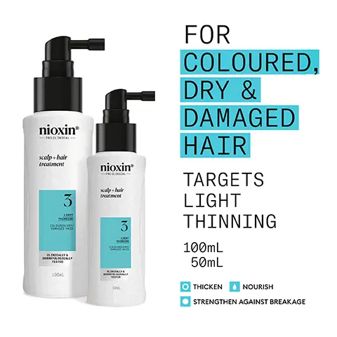 Image 1, nioxin PROCLINICAL scalp + hair treatment 3 COLOURED DRY CLINICALLY TALLY nioxin scalp-hair treatment 3 FOR COLOURED, DRY & DAMAGED HAIR TARGETS LIGHT THINNING 100mL 50mL 100 50 THICKEN NOURISH STRENGTHEN AGAINST BREAKAGE Image 2, 3 + nioxin Use System Kit 3 to see RESULTS IN JUST 30 DAYS* *Results with everyday use. Based on a survey among 230 U.S. panelists concerned about thinning hair who tried the systems (each tested 1 system kit), conducted by SIRS, 2016. nioxin NOCLINICAL scalp + hair shampoo nioxin -PROCLINICAL scalp + hair conditioner 3 3 Image 3, FOR THICKER, FULLER HAIR THICKENS, STRENGTHENS & NOURISHES LIGHT THINNING HAIR LEAVES HAIR THICKER, FULLER WHILE MAINTAINING VIBRANT COLOUR FORMULATED WITH POWERFUL NIACINAMIDE & BIOTIN CLINICALLY & DERMATOLOGICALLY TESTED Image 4, nioxin scalp-hair treatment 3 1 HOW TO USE scalp care + hair thickening treatment Shake the Scalp & Hair Treatment to activate it Apply to scalp and 2 work through hair from roots to ends 3 Do not rinse Image 5, 00 CAFFEINE Stimulates hair follicles, improves blood circulation and maintains the skin barrier MENTHA ARVENSIS LEAF OIL Also known as wild mint oil, this oil is known for its refreshing and invigorating benefits that stimulate the scalp and promote circulation NIACINAMIDE A form of vitamin B3, Niacinamide helps nourish the hair root and can have a positive impact on hair growth and overall scalp health Image 6, ΝΙΟΧΙΝ SCALP CARE & HAIR THICKENING TREATMENT result: Provides a refreshed and revitalised scalp environment. Actively breaks down residue and DHT build-up in a time delivered system. Image 7, nioxin PRO CLINICAL — NIOXIN GROWS RESULTSTM Only Nioxin's Advanced Scalp Science Can Target Hair Thinning and Hair Loss for Proven Results You Can See and Feel. Image 8, NEW LOOK same great formula NIOXIN SCALP & HAIR TREATMENT STEP 3 COLORED HAIR LIGHT THING nioxin scalp-hair treatment 100 3 Old New