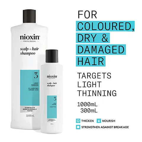 Image 1, nioxin PRO CLINICAL scalp + hair shampoo 3 COLOUR GARAGED AIR CLINICALLY & DERMATOLOGICALLY TESTED 1000mL nioxim scalp. hair shampoo 3 FOR COLOURED, DRY & DAMAGED HAIR TARGETS LIGHT THINNING 1000mL 300mL O THICKEN NOURISH STRENGTHEN AGAINST BREAKAGE Image 2, 3 + nioxin Use System Kit 3 to see RESULTS IN JUST 30 DAYS* *Results with everyday use. Based on a survey among 230 U.S. panelists concerned about thinning hair who tried the systems (each tested 1 system kit), conducted by SIRS, 2016. nioxin NOCLINICAL scalp + hair shampoo nioxin -PROCLINICAL scalp + hair conditioner 3 3 Image 3, FOR THICKER, FULLER HAIR THICKENS, STRENGTHENS & NOURISHES LIGHT THINNING HAIR LEAVES HAIR THICKER, FULLER WHILE MAINTAINING VIBRANT COLOUR FORMULATED WITH POWERFUL NIACINAMIDE & BIOTIN CLINICALLY & DERMATOLOGICALLY TESTED Image 4, nioxin -PRO CLINICAL scalp + hair shampoo HOW TO USE scalp + hair shampoo 3 COL L THINKING GARAGED WAR 1 Massage Cleanser Shampoo into hair and scalp CLINICALLY & DERMATOLOGICALLY TESTED 1000mL 2 Rinse thoroughly Image 5, MENTHA ARVENSIS LEAF OIL Also known as wild mint oil, this oil is known for its refreshing and invigorating benefits that stimulate the scalp and promote circulation PEPPERMINT OIL Can assist in regulating sebum production and controlling oiliness SALICYLIC ACID Helps to remove dead skin cells, excess oil and product buildup from the scalp, promoting a healthier environment Image 6, NIOXIN SCALP & HAIR SHAMPOO result: Eliminating follicle clogging sebum, environmental residue and DHT build-up. Image 7, nioxin PRO CLINICAL — NIOXIN GROWS RESULTSTM Only Nioxin's Advanced Scalp Science Can Target Hair Thinning and Hair Loss for Proven Results You Can See and Feel. Image 8, NEW LOOK same great formula NIOXIN COLOR SAFE nioxin PROCLINICAL scalp + hair shampoo CLEANSER SHAMPOO STEP 1 3 COLORED HAIR LIGHT THINNING Old 1000L New