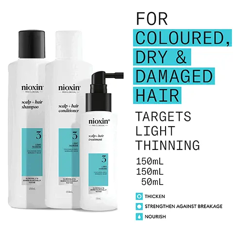 Image 1, nioxin scalp + hair shampoo 150 nioxin scalp + hair conditioner 3 3 nioxin scalp hair treatment 3 FOR COLOURED, DRY & DAMAGED HAIR TARGETS LIGHT THINNING 150mL 150mL 50mL O THICKEN STRENGTHEN AGAINST BREAKAGE NOURISH Image 2, treatment scalp+hair PROTICAL nioxin RESULTS IN JUST 30 DAYS* nioxin -PROCLINICAL *Based on a survey among 230 U.S. panelists concerned about thinning hair who tried the systems (each tested 1 system kit), conducted by SIRS, 2016. scalp + hair conditioner 3 LIGHT COLUM DAMAGED 10/00 Image 3, FOR THICKER, FULLER HAIR THICKENS, STRENGTHENS & NOURISHES LIGHT THINNING HAIR LEAVES HAIR THICKER, FULLER WHILE MAINTAINING VIBRANT COLOUR FORMULATED WITH POWERFUL NIACINAMIDE & BIOTIN CLINICALLY & DERMATOLOGICALLY TESTED Image 4, HOW TO USE nioxim scalp-hair shampoo nioxin sculp-hair conditioner 1 Massage shampoo into hair and scalp, rinse thoroughly Rub conditioner 2 from scalp to ends, rinse thoroughly ო Apply treatment to scalp and hair, from roots to ends, do not rinse Image 5, BEFORE AFTER Before: Prior to washing and styling. After: Results with Nioxin Scalp Care Hair Thickening System 3, Diamax Advanced Thickening Serum, blow dry and styled. Image 6, CAFFEINE Stimulates hair follicles, improves blood circulation and maintains the skin barrier MENTHA ARVENSIS LEAF OIL Also known as wild mint oil, this oil is known for its refreshing and invigorating benefits that stimulate the scalp and promote circulation PEPPERMINT OIL Can assist in regulating sebum production and controlling oiliness NIACINAMIDE A form of vitamin B3, Niacinamide helps nourish the hair root and can have a positive impact on hair growth and overall scalp health Image 7, 2 1 NIOXIN SCALP & HAIR SHAMPOO Removes dirt, excessive oil and other environmental residues. NIOXIN SCALP & HAIR CONDITIONER Helps provide hair resilience, hydrates scalp and hair from root to tip. 3 SCALP CARE & HAIR THICKENING TREATMENT Refreshes the scalp and increases hair volume. Image 8, nioxin PRO CLINICAL — NIOXIN GROWS RESULTSTM Only Nioxin's Advanced Scalp Science Can Target Hair Thinning and Hair Loss for Proven Results You Can See and Feel. Image 9, NEW LOOK same great formula The No.1 salon bra THICKER, FULLER hair NIOXIN THICKER, FULLER HAIR? nioxin PRO CLINICAL LIGHT THINNING THICKEN&STRENGTHEN COLOURED/DRY/ DAMAGED HAIR NOUN ON COLORED Old New niovin niovin OLING & DEALS 300L 300L 100L