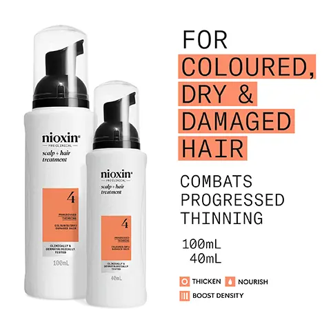 For coloured, dry & damaged hair. Combats progressed thinning. 100ml, 40ml. Thicken. Nourish. Boost Density. Use System Kit 4 to see results in just 30 days. Results with everyday use. Based on a survey among 230 U.S. panelists concerned about thinning hair who tried the systems, each tested 1 system kit, conducted by SIRS 2016. For thicker, fuller hair. Boosts hair density & nourishes for progressed thinning. Leaves hair thicker, fuller while maintaining vibrant colour. Formulated with powerful niacinamide & biotin. Clinically & dermatologically tested. How to use scalp care + hair thickening treatment. 1, Shake the Scalp & Hair Treatment to activate it. 2, Apply to scalp and work through hair from roots to ends. 3, Do not rinse. Sun protecting ingredients. Formulated with a common UV filter providing protection against the damaging effects of ultraviolet uv radiation from the sun. Caffeine, stimulates hair follicles, improves blood circulation and maintains the skin barrier. Mentha Arvenis Leaf Oil, Also known as wild min oil, this oil is known for its refreshing and invigorating benefits that stimulate the scalp and promote circulation. Niacinamide, A form of vitamin B3, Niacinamide helps nourish the hair root and can have a positive impact on hair growth and overall scalp health. Nioxin scalp care & hair thickening treatment result, provides a refreshed and revitalised scalp environment. Actively breaks down residue and DHT build-up in a time delivered system. nioxin pro clinical, nioxin grows results. Only Nioxin's Advanced Scalp Science can target hair thinning and hair loss for proven results you can see and feel. New Look same great formula. Old. New.