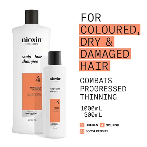 For coloured, dry & damaged hair. Combats progressed thinning. 1000ml, 300ml. Thicken. Nourish. Boost Density. Use System Kit 4 to see results in just 30 days. Results with everyday use. Based on a survey among 230 U.S. panelists concerned about thinning hair who tried the systems, each tested 1 system kit, conducted by SIRS 2016. For thicker, fuller hair. Boosts hair density & nourishes for progressed thinning. Leaves hair thicker, fuller while maintaining vibrant colour. Formulated with powerful niacinamide & biotin. Clinically & dermatologically tested. How to use scalp + hair shampoo. 1, Massage Cleanser Shampoo into hair and scalp. 2, Rinse thoroughly. Mentha Arvenis Leaf Oil, Also known as wild min oil, this oil is known for its refreshing and invigorating benefits that stimulate the scalp and promote circulation. Peppermint oil, can assist in regulating sebum production and controlling oiliness. Salicylic Acid, Helps to remove dead skin cells, excess oil and product buildup from the scalp, promoting a healthier environment. Nioxin scalp & hair shampoo, result, deep yet gentle scalp cleansing action, provides a refreshed scalp environment. nioxin pro clinical, nioxin grows results. Only Nioxin's Advanced Scalp Science can target hair thinning and hair loss for proven results you can see and feel. New Look same great formula. Old. New.