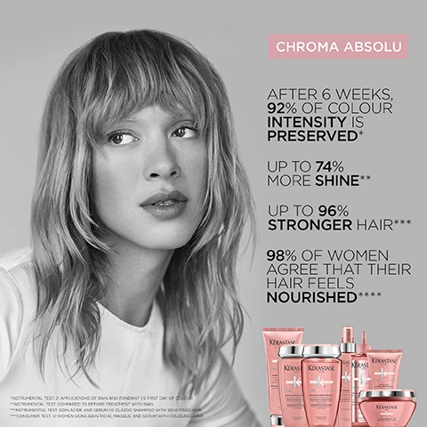 Image 1, chroma absolu - after 6 weeks, 92% of colour intensity is preserved. up to 74% more shine. up to 96% stronger hair. 98% of women agree that their hair feels nourished. image 2, before and after. image 3, amino acid, tartaric acid, lactic acid.