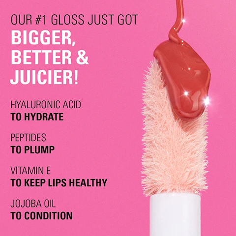 Image 1 - Image shows a close-up of a lip gloss applicator with a glossy, reddish-brown product being dripped from it, on a bright pink background; visible text includes: OUR #1 GLOSS JUST GOT BIGGER, BETTER & JUICIER! HYALURONIC ACID TO HYDRATE, PEPTIDES TO PLUMP, VITAMIN E TO KEEP LIPS HEALTHY, JOJOBA OIL TO CONDITION.
              Image 2 - A clear bottle of lip gloss with a shiny cap is displayed against a light background, accompanied by bold pink text that reads PLUMP IT UP, and three bulleted benefits: PLUMPING GLOSS, SOFT TINGLE EFFECT, and SWEET VANILLA FLAVOUR.
              Image 3 - Image features two lip gloss products titled Pout Bomb against a light pink background, with text stating YOU ASKED, WE LISTENED... and highlights including NEW! SWEET VANILLA AROMA, MORE LIP-LOVING INGREDIENTS, and NEW LOOK & FEEL.
              Image 4 - Image showing a split view of two lips: the left side is bare and the right side is glossed with a pink lip product, accompanied by text that states 81% agreed that their lips looked visibly plumped, with a note about reviews gathered from 59 users in a blind trial, 2024.