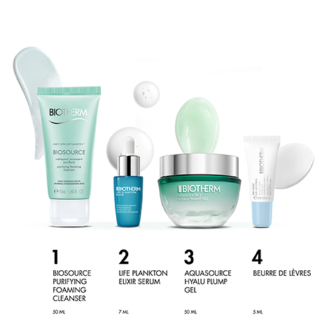 4
BEIJRRE DE IÉVRES
BIOSOURCE
PURIFYING
fow,lNG
CLEANSER
2
UFE PLANKTON
EUXIR SERUM
3
AQUASOURCE
HYALU PLUMP
GEI