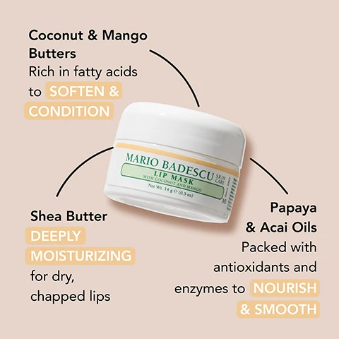 Image 1 - An image of a white lip mask jar labeled MARIO BADESCU LIP MASK with text highlighting the ingredients: Coconut & Mango Butters Rich in fatty acids to SOFTEN & CONDITION, Shea Butter DEEPLY MOISTURIZING for dry, chapped lips, and Papaya & Acai Oils Packed with antioxidants and enzymes to NOURISH & SMOOTH.
              Image 2 - A flat lay image features three lip care products: a lip balm tube labeled Lip Balm SMOOTH, BUTTERY comfort for everyday softness, a jar labeled Lip Mask RICH, JELLY-LIKE HYDRATION when your lips need extra love, and a text bubble stating Both keep your lips happy—just depends on your mood.