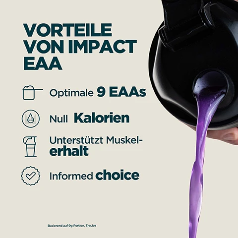 Image 1 - A dark shaker bottle pours purple liquid next to a list of benefits: VORTEILE VON IMPACT EAA Optimale 9 EAAs, Null Kalorien, Unterstützt Muskelerhalt, Informed choice, Basierend auf 9g Portion, Traube. Image 2 - A vibrant purple liquid with bubbles on the left and a vibrant yellow liquid with bubbles on the right, with white text overlaying both that reads TÄGLICHE ESSENTIALS – AMINOS, PERFEKT ABGESTIMMT. Image 3 - A person drinks from a purple Myprotein shaker bottle outdoors, with a black and green circular logo that says INFORMED, WE TEST • YOU TRUST, followed by green text CHOICE, and additional German text stating Jeden Monat werden Blindproben von unserer Produktionsstätte entnommen und von Dritten auf verbotene Substanzen getestet. Image 4 - A person in a burgundy hoodie with tattooed arms holds a Myprotein Impact EAA product bag next to a shaker cap and bottle, with overlaid white text that reads: 20 JAHRE UNERMÜDLICHE WEITERENTWICKLUNG, Fachkundig entwickelt, Qualität geprüft von unabhängigen Testern, Durch echte Forschung verfeinerte Rezepturen, Produziert in Myproteins Top-Produktionsstätten. Image 5 - A person in a burgundy long-sleeved shirt holds a clear shaker bottle containing a purple drink with text on it that says MYPROTEIN, alongside text on the image that reads EUROPAS NR. 1 FÜR SPORTERNÄHRUNG Konsistenz, Qualität und über 20 Jahre Erfahrung, es richtig zu machen Unterstützt von Euromonitor, der weltweit führenden Autorität für Marktdaten *Quelle: Euromonitor International Limited; Ausgabe Consumer Health 2025. Einzelhandelsumsatz nach Verkaufspreis (RSP), alle Vertriebskanäle, Daten 2024.