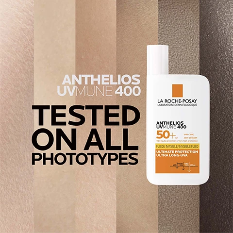 Image 1 - The image features a white sunscreen bottle labeled Anthelios UVMune 400 with the brand name La Roche-Posay, alongside various skin tone swatches in the background, and includes the text TESTED ON ALL PHOTOTYPES prominently displayed.
              Image 2 - Three translucent skincare droplets of varying sizes are shown on a white background, with text indicating REPAIR, REPLUMPS IN 4H, and TESTED ON THE MOST SENSITIVE SKIN EVEN.
              Image 3 - The image shows a turquoise serum bottle labeled La Roche-Posay Hyalu B5 Serum positioned next to various skin tones, with visible text reading Hyalu B5 Serum and Suitable for All Skin Types.