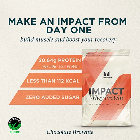 Image 1 - An image of a protein powder package with the text stating MAKE AN IMPACT FROM DAY ONE build muscle and boost your recovery, along with details listing 20.64g PROTEIN per 30g / 68% protein, LESS THAN 112 KCAL, ZERO ADDED SUGAR, and Chocolate Brownie.
Image 2 - A nutrition label for Impact Whey Protein in Chocolate Brownie flavor, detailing ingredients, serving size, nutritional information, and usage instructions, with visible text highlighting warnings and recommendations for use, including THIS CONTAINS SUCRALOSE. CONTAINS NON-CALORIC SWEETENER.
Image 3 - A hand is using a gold measuring scoop to add powder into a black container with a logo, with visible text that includes company information, customer care details, and an FSSAI registration number.
Image 4 - A close-up of a gold measuring scoop filled with white powder is placed on a light brown surface, with a black container partially visible in the background, accompanied by icons and text stating premium whey protein concentrate, expertly formulated in UK, suitable for vegetarians, and empowering over 20 million customers worldwide.
Image 5 - Image shows a promotional infographic titled Authenticate your product IN 3 EASY STEPS, featuring three numbered steps with corresponding visuals: 1. Locate and scratch the sticker at the back of the pack to reveal the unique code. 2. Scan the QR code for verification. 3. Enter the 12 digit code to confirm the authenticity of your IMPACT Whey Protein, along with an image of a whey protein bag.