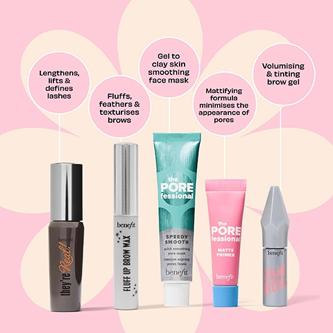 Lengthens, lifts & defines lashes. Fluffs, feathers & texturises brows. Gel to clay skin smoothing face mask. Mattifying formula minimises the appearance of pores. Volumising & tinting brow gel.