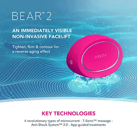 Image 1, BEAR 2 AN IMMEDIATELY VISIBLE NON-INVASIVE FACELIFT Tighten, firm & contour for a reverse aging effect Ознов KEY TECHNOLOGIES 4 revolutionary types of microcurrent - T-SonicTM massage- Anti-Shock SystemTMM 2.0 - App-guided treatments Image 2, MICROCURRENT FACIAL DEVICE REDUCE WRINKLES. IMPROVE FIRMNESS. REAL RESULTS IN 1 WEEK. *Based on 30-day clinical testing on 40 female subjects, aged 25 to 55. FORE A CRUM ERUN CRUN 20- cen Image 3, AFTER BEFORE Clinically proven to significantly improve deep wrinkles & fine lines. Clinically proven to significantly improve skin firmness & elasticity. AFTER BEFORE Image 4, FOREO SUPERCHARGEDTM SERUM SÉRUM SERUM -2.0 - Firm, renew & replenish FOREO PERCHARGED SERUM SCRUM SERUM 2.0 30 Le KEY INGREDIENTS 5 kinds of HA - Squalane - Vitamin E - Ceramides - Amino Acids - Panthenol - Electrolytes Image 5, REPLENISHING HYALURONIC ACID COMPLEX ANTIOXIDANT-RICH SQUALANE, CERAMIDES & VITAMIN E MOISTURIZING PANTHENOL + AMINO ACID (SERINE) CONDUCTIVE MOISTURIZING ELECTROLYTES Image 6, FOREO SUPERCHARGED BARRIER RESTORING ESSENCE MIST An instantly dewy & youthful complexion EFOREO SUPERCHARGE RESTORN PRICE M KEY INGREDIENTS 9 Peptide Complex - 2% Niacinamide - Cica - Panthenol - Allantoin Image 7, REPAIRING 9 PEPTIDE COMPLEX BRIGHTENING 2% NIACINAMIDE CALMING CICA (CENTELLA ASIATICA) STRENGTHENING PANTHENOL SKIN-SOFTENING ALLANTOIN