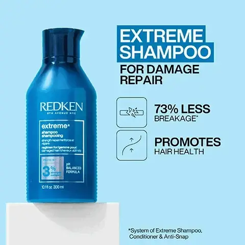 image 1, extreme shampoo for damage repair. 73% less breakage. promotes hair health. image 2, extreme conditioner for damage repair. 73% less breakage. detangles and smooths. image 3, damage repair routine. shampoo, conditioner and treat. image 4, apply to wet hair, massage into a lather. rinse. image 5, after shampooing, apply a distribute through wet hair. rinse. before. after one use. system of extreme shampoo, conditioner & anti-snap.