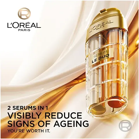 Image 1 - A bottle of LOréal Paris serum with a golden design, featuring the text 2 SERUMS IN 1 VISIBLY REDUCE SIGNS OF AGEING YOURE WORTH IT.
              Image 2 - A woman with a natural look holds a gold and clear serum bottle labeled LOREAL PARIS SERUM LE DUO, with text beside her stating +18% INSTANT FIRMNESS, 83% OF WOMEN SAW FEWER WRINKLES, and 87% OF WOMEN SAW MORE RADIANCE.
              Image 3 - Image shows a comparison of skin around the eyes before and after treatment, with the words CLINICALLY PROVEN TO REVERSE THE LOOK OF UP TO 5 YEARS OF WRINKLES at the top, BEFORE labeled on the left image, AFTER labeled on the right image, and a note at the bottom indicating that results may vary.
              Image 4 - A bottle of LOréal Paris serum is positioned in the center, surrounded by two types of golden serums on either side, with text noting 2 SERUMS IN 1 PUMP at the top, [COLLAGEN BOOSTERS] WRINKLES & FIRMNESS on the left, and [VITAMINS B3 & CG] RADIANCE on the right.
              Image 5 - A woman with medium skin tone is gently touching her face, smiling confidently, with text above her that reads SUITABLE ON ALL SKIN TONES and text on the right that says CREATED BY VALIDATED WITH DERMATOLOGISTS LOREAL PARIS.
              Image 6 - A woman with a natural makeup look holds her face with both hands, showcasing a glowing complexion, accompanied by visible text that reads VISIBLE RESULTS, APPLIES SMOOTHLY, NO PILLING, and FAST ABSORPTION.