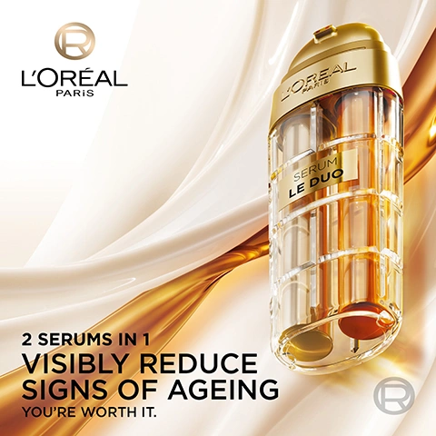 Image 1 - A LOréal Paris dual-chamber serum bottle filled with golden liquids stands on a background of flowing cream and gold fabric, with the text LORÉAL PARIS, SERUM LE DUO, 2 SERUMS IN 1, VISIBLY REDUCE SIGNS OF AGEING, YOURE WORTH IT, and a stylized R logo appearing twice. Image 2 - A woman with light makeup holds a LOréal Paris Serum Le Duo bottle against her face, with text on the image reading +18% INSTANT FIRMNESS*, 83% OF WOMEN SAW FEWER WRINKLES**, 87% OF WOMEN SAW MORE RADIANCE**, LORÉAL PARIS, SERUM LE DUO, and a small disclaimer at the bottom: *LE DUO SERUM CLINICAL STUDY 1WK USAGE, 47 WOMEN AGES 50 - 65 ATLAS OF 10 CLINICAL SIGNS CROWS FEET WRINKLES **CLINICAL TEST, 47 WOMEN, 50-65, ALL SKIN TYPES, 1WK. Image 3 - A before and after comparison shows a close-up of wrinkled skin on the left labeled BEFORE and smoother skin on the right labeled AFTER, with the overarching claim CLINICALLY PROVEN TO REVERSE THE LOOK OF UP TO 5 YEARS OF WRINKLES* and a disclaimer stating *VISUALISATION OF THE IMPROVEMENT OF CROWS FEET WRINKLES AFTER 8 WEEKS. RESULTS MAY VARY FROM ONE INDIVIDUAL TO ANOTHER. Image 4 - A LOréal Paris Serum Le Duo bottle is shown, split into two clear and amber serum compartments, alongside test tubes containing the corresponding clear and amber liquids, with visible text 2 SERUMS IN 1 PUMP, LORÉAL PARIS, SERUM LE DUO, [COLLAGEN BOOSTERS] WRINKLES & FIRMNESS, and [VITAMINS B3 & CG] RADIANCE. Image 5 - A woman with a medium skin tone gently touches her face, looking at the camera, with the text SUITABLE ON ALL SKIN TONES and a circular logo reading CREATED BY VALIDATED WITH DERMATOLOGISTS LOREAL PARIS. Image 6 - A woman with her hands gently touching the sides of her face looks directly at the camera, next to text that reads VISIBLE RESULTS, APPLIES SMOOTHLY, NO PILLING, FAST ABSORPTION. Image 7 - A clear LOréal Paris dual serum bottle with gold accents and two liquid compartments, one light and one amber, and a black LOréal Paris cream jar with a gold band are arranged on a white and gold marble background, with the text AGE DEFYING ROUTINE: STEP 1 LE DUO LOREAL PARIS SERUM LE DUO STEP 2 CELL RENEW DAY CREAM LOREAL PARIS AGE PERFECT RENAISSANCE CELLULAIRE.