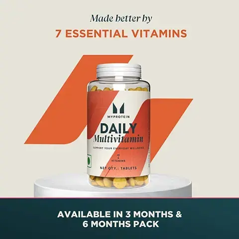 Image 1 - A bottle of Myprotein Daily Multivitamin Support Your Everyday Wellbeing 7 Vitamins Net Qty.: Tablets Health Supplement FSSC 22000 is on a stand, with the text Made better by 7 ESSENTIAL VITAMINS above and AVAILABLE IN 3 MONTHS & 6 MONTHS PACK below. Image 2 - A bottle of Myprotein Daily Multivitamin tablets is shown with text. Made better by 7 ESSENTIAL VITAMINS Vitamin A Supports cell growth Vitamin B1 (Thiamine) Psychological function & stress response Vitamin B3 (Niacin) Converts food to energy MYPROTEIN DAILY Multivitamin SUPPORT YOUR EVERYDAY WELLBEING 7 VITAMINS NET QTY.: TABLETS HEALTH SUPPLEMENT Vitamin D3 For stronger bones Vitamin C Improves immune system Vitamin E Guards cells & supports skin health Vitamin B12 ( Riboflavin) Energy metabolism All packed INTO ONE EASY PILL. Image 3 - A bottle of Myprotein Daily Multivitamin pills with text Made better by 7 ESSENTIAL VITAMINS Zero Calories Vegetarian Increases Energy Scientifically Formulated All packed INTO ONE EASY PILL and on the label MYPROTEIN DAILY Multivitamin SUPPORT YOUR EVERYDAY WELLBEING 7 VITAMINS NET QTY.: TABLETS HEALTH SUPPLEMENT. Image 4 - A person inhales from a white device, with text below reading THG NUTRITION (INDIA) PRIVATE LIMITED 203, 2ND FLOOR, TIME TOWER, GURUGRAM, HARYANA-122002. CUSTOMER CARE: Manufactured for/by: THG Nutrition Limited. Skyline Drive, Burtonwood, Warrington, United Kingdom (UK), WAS 3TP. Country of Origin: UK. For complaints/feedback/suggestions contact consumer care executive at: myprotein.india@thehutgroup.com. TEL: 00080 0040 3880. For contact address: Refer Importer Address. Fssai Lic No. 10822999000629 Vegetarian symbol.