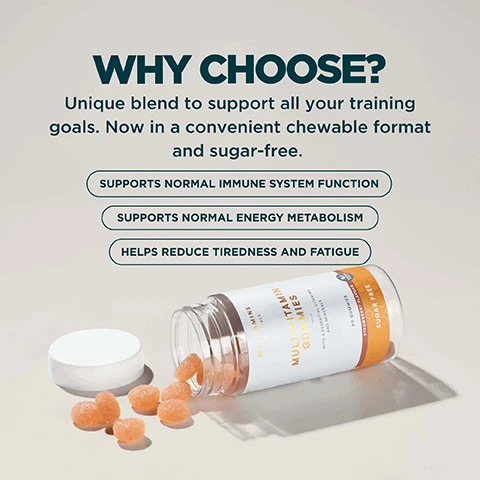 Image 1 - A clear bottle of Nutramins Essentials Multivitamin Gummies lies on its side with several orange gummies spilled out next to its white cap, above which text reads WHY CHOOSE? Unique blend to support all your training goals. Now in a convenient chewable format and sugar-free. followed by bullet points: SUPPORTS NORMAL IMMUNE SYSTEM FUNCTION, SUPPORTS NORMAL ENERGY METABOLISM, HELPS REDUCE TIREDNESS AND FATIGUE, and the bottle label states NUTRAMINS ESSENTIALS MULTIVITAMIN GUMMIES WITH 13 VITAMINS AND ESSENTIAL MINERALS 60 GUMMIES STRAWBERRY FLAVOUR SUGAR FREE. Image 2 - A close-up of numerous round, orange, sugar-coated gummy candies with the text 8 ESSENTIAL VITAMINS AND MINERALS. Image 3 - A sugar-coated orange gummy is displayed with its dimensions marked as 21mm in width and 9mm in height, and the text reads DAILY SUGGESTED SERVING - 1 GUMMY. Image 4 - A white box displays nutritional information against a gray background with an orange hexagonal pattern at the bottom, stating NUTRITIONAL INFORMATION ACTIVE INGREDIENTS Daily Serving 1 Gummy Vitamin C 40mg(50%*) Niacin 8.0mg NE(50%*) Vitamin E 6.7mg a-TE (56%*) Zinc 5.0mg(50%*) Vitamin B6 0.50mg(36%*) Vitamin A 300µg RE(38%*) Biotin 30µg(60%*) Vitamin D3 5.0µg(100%*) *NRV - Nutrient Reference Value.