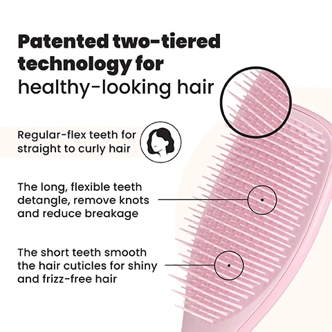 Image 1 - A pink hairbrush is shown with magnified details of its two-tiered bristles, accompanied by text explaining Patented two-tiered technology for healthy-looking hair, Regular-flex teeth for straight to curly hair, The long, flexible teeth detangle, remove knots and reduce breakage, and The short teeth smooth the hair cuticles for shiny and frizz-free hair. Image 2 - A woman with dark wavy hair rests her hand on her cheek, looking at the camera, with the text The perfect duo for straight to wavy hair above her. Image 3 - A light pink hairbrush is shown on the right, with five text points on the left connected by lines: Less breakage for smooth & healthy looking hair, Easier styling for smooth & shiny hair, Gentle on wigs, weaves & extensions, Adds volume, body & texture, Perfect for up-dos & brushing out curls.