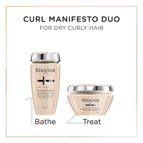 Image 1 - Image shows two hair care products from Kérastase called Curl Manifesto Duo, including a shampoo bottle on the left labeled Bathe and a treatment jar on the right labeled Treat, with a header that reads Curl Manifesto Duo for Dry Curly Hair.
              Image 2 - Image of a Kérastase hair care box with a soft gradient background featuring the text Kérastase PARIS, CURL MANIFESTO, and information about the packaging being made of 89% recycled fibers, recyclable, and certificated FSC.