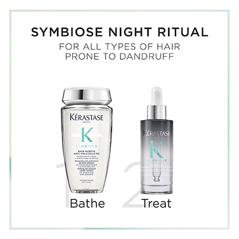 Image 1 - Image shows a hair care product arrangement with a shampoo and a treatment bottle labeled Kérastase Symbiose, featuring instructions 1 Bathe and 2 Treat, and the phrase Symbiose Night Ritual for all types of hair prone to dandruff.
              Image 2 - A soft blue and green packaged box labeled Kérastase Paris with the words Sustainable Packaging, Box made of 89% recycled fibers, Recyclable, and Certificated FSC.