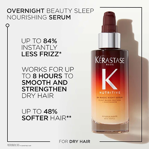 Image 1, overnight beauty sleep nourishing serum. up to 84% instantly less frizz. works for up to 8 hours to smooth and strengthen dry hair. up to 48% softer hair. image 2, vitamins blend, plant based proteins, niacinamide. image 3, nutritive range. healthy ritual for dry hair. up to 99% stronger hair. up to 116 times more shine. up to 2 times fewer visible split ends. image 4, nutritive 8 hour magic night serum. the professional inside. hovig etoyan global professional ambassador said - i grew up with nutritive and the 8 hour magic night serum is a product that i love to recommend to my clients seeking a night treatment to boost nourishment, and reduce frizz leaving the hair softer.