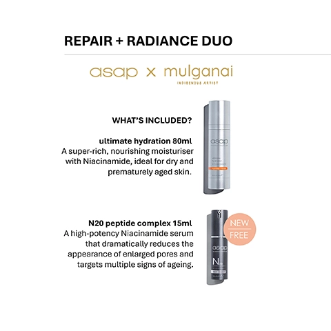 An image of the Repair + Radiance Duo featuring two skincare products: a grey bottle labeled ultimate hydration 80ml and a black bottle labeled N20 peptide complex 15ml with a NEW FREE tag, alongside text that describes the products and their benefits.