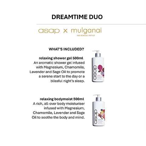 A promotional image for a product bundle titled DREAMTIME DUO featuring two products: a relaxing shower gel and a relaxing body mist, along with descriptions of each product. The text includes details about the ingredients used and their benefits.