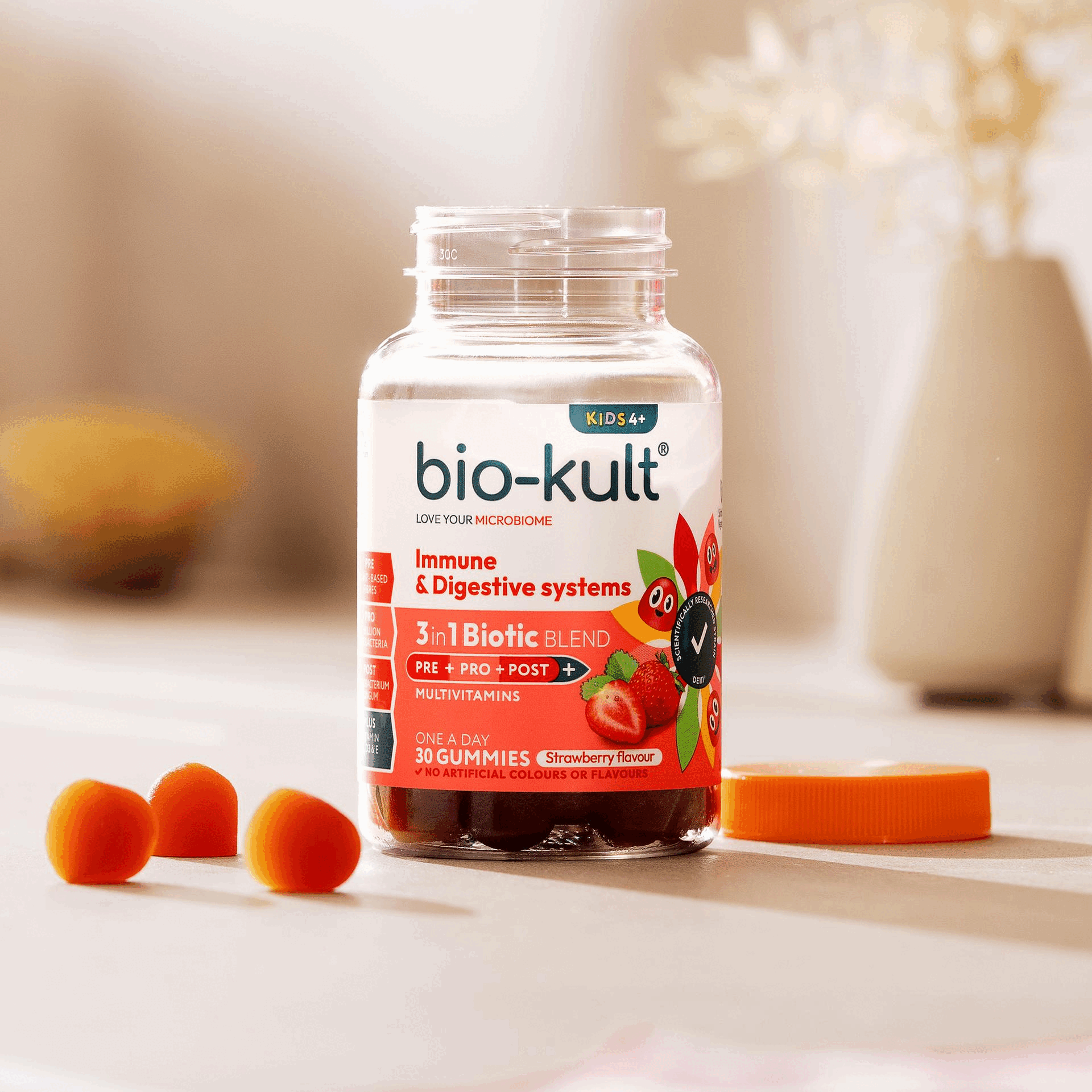 Why choose Bio-Kult 3-in-l
              Biotic Blend Multivitamin Gummies?
              The UK's first 3-in-l 2 billion live gut-
              ? friendly bacteria
              biotic gummies with
              multivitamins
              Naturally delicious
              strawberry flavour
              Maintain energy,
              digestive and
              immune systems
              in each gummy
              Scientifically
              researched strains
              With added
              vitamins C and D3, Nurture gut health
              Plant-based fibres that feed
              friendly gut bacteria
              PRE
              Friendly bacteria that target
              the gut — where 70% of the immune
              system is located
              PRO
              Other friendly compounds that
              benefit your body and well-being
              Enriched with vitamins C and D3,
              Formulated
              for children 4+
              1 gummy
              per day
              30-day
              supply
              Easy to take
              anywhere