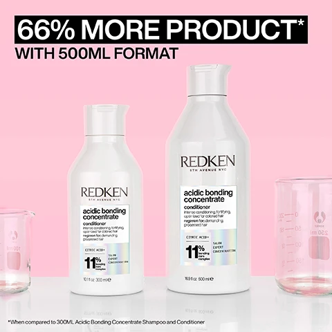 image 1, 66% more product with 500ml format, when compared to 300ml acidic bonding concentrate shampoo and conditioner. image 2, silky finish and glossy shine. 56% less breakage. 11 times smoother. image 3, 56% less breakage. 90% more conditioned. 11 times smoother. image 4, citric acid and bonding care complex. helps repair bonds and prevent future damage. image 5, before and after one use. image 5, combats 1 year of visible damage in one use. 78% less visible split ends. heat protection up to 230 degrees. image 6, before and after. image 7, review from someone who received the product to try from marie claire beauty drawer august 2022 - best i've ever used and i'm a hairdresser. image 8, review from someone who received the product to try from marie claire beauty drawer august 2022 - mthe best leave in treatment i have ever used, my hair looks better and better after each use. image 9, pro tip - apply a 50 pence piece to your hands and start working into the hair from the ends up to the mid-lengths. do not apply directly to the root as this is the healthier part of the hair. image 10, reinforce weak bonds. damaged bond vs repaired bond. image 11, loved by pros. lorna valente hairstylist at percy and reed salon said - works like magic. the leave in treatment will protect and nourish your hand without it feeling heavy or greasy - products against heat too. image 12, damage repair for chemically treated hair. 1 = shampoo, 2 = condition, 3 = protect and leave in.