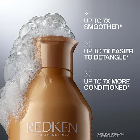 Image 1 - A gold-colored Redken bottle with foam overflowing from its top, accompanied by text reading UP TO 7X SMOOTHER*, UP TO 7X EASIER TO DETANGLE*, UP TO 7X MORE CONDITIONED*, and the disclaimer *SYSTEM OF ALL SOFT SHAMPOO, CONDITIONER & ARGAN-6. Image 2 - A close-up shows the top of a bronze-colored bottle with an open flip-top cap, from which a dollop of white cream emerges, with the text UP TO 7X SMOOTHER* UP TO 7X EASIER TO DETANGLE* UP TO 7X MORE CONDITIONED* *SYSTEM OF ALL SOFT SHAMPOO, CONDITIONER & ARGAN-6. Image 3 - A white Redken One United hair treatment spray bottle is displayed against a purple and blue gradient background with text to the left and on the bottle stating its benefits: 25 BENEFIT LEAVE-IN CONDITIONER, HYDRATES & DETANGLES, HEAT PROTECTION UP TO 230°C, and on the bottle REDKEN 5TH AVENUE NYC, PROTECTION + SHINE, ANTI-FRIZZ, MOISTURE, DEFINE, COLOR, BEAUTY, 25 BENEFITS, ONE UNITED, ALL-IN-ONE MULTI-BENEFIT TREATMENT, TRAITEMIENTO MULTI-BENEFICIO TODO-EN-UNO, POUR ALL HAIR TEXTURES, POUR TOUS TYPES DE CHEVEUX, 5 FL OZ 150 ML e. Image 4 - The image displays a before and after comparison of a persons brown curly hair from behind; the left side, labeled BEFORE, shows less defined, somewhat frizzy curls, while the right side, labeled AFTER*, shows more defined and smoother curls, with the text *ALL SOFT SHAMPOO, CONDITIONER AND MOISTURE RESTORE appearing at the bottom right. Image 5 - A womans long, dark hair is shown from the back in a before and after comparison, with the before hair appearing duller on the left and the after hair appearing shinier and smoother on the right, with the text BEFORE, AFTER*, and *ALL SOFT SHAMPOO, CONDITIONER, AND MOISTURE RESTORE visible. Image 6 - A split image shows a woman with reddish-brown, wavy hair on the left labeled BEFORE, and the same woman with smoother, more defined, softly waved hair on the right labeled AFTER ONE UNITED & HEAT STYLING. Image 7 - Translucent bubbles rest on a creamy-colored surface with text that reads FORMULATED WITH ARGAN OIL TO HELP MOISTURISE DRY HAIR. Image 8 - A gold Redken all soft shampoo bottle dispenses creamy liquid into an open hand, with text on the image reading ADDS INTENSE SOFTNESS & SHINE and text on the bottle reading REDKEN 5TH AVENUE NYC all soft shampoo. Image 9 - A woman with damp reddish-brown hair holds a spray bottle of hair product, touching her hair with her other hand, with the visible text REDKEN LABS 400, 25 ONE UNITED, SPRAY ON DAMP HAIR, and FOR BEST RESULTS.Image 10 - A dark-skinned hand sprays a white and silver Redken One United hair treatment bottle, while a black and white portrait of Grace Mardon is shown, with the following text: LOVED BY PROS ONE OF MY PERSONAL FAVOURITES; ONE UNITED IS THE LEAVE-IN TREATMENT SPRAY THAT DOES IT ALL FROM PROTECTING, TO PRIMING AND CONDITIONING! GRACE MARDON HAIRSTYLIST PERCY & REED SALON REDKEN 25 BENEFITS ONE UNITED ALL-IN-ONE MULTI-BENEFIT TREATMENT SOIN MULTI-BÉNÉFICES TOUT-EN-UN TRATAMIENTO MULTI-BENEFICIOS TODO EN UNO ALL-IN-ONE MULTI-VORTEILS-SPRAY 5 FL OZ / 150 ML e. 