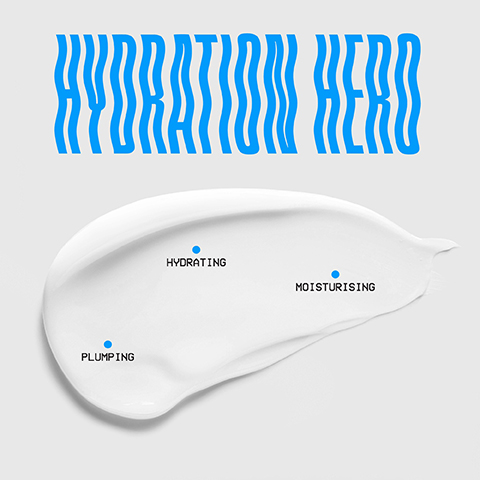Image 1 - An abstract white cream smear is shown against a light gray background, with the text HYDRATION HERO in bold blue at the top, and three blue dots pointing to the words HYDRATING, MOISTURISING, and PLUMPING arranged in a slightly diagonal layout.