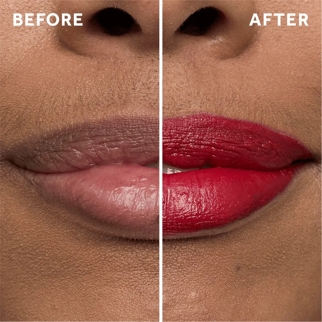 Image ProductMessage-1 - Image shows a close-up of a persons lips divided into two halves, with one side labeled BEFORE showing natural, uncolored lips and the other side labeled AFTER featuring vibrant red lipstick.