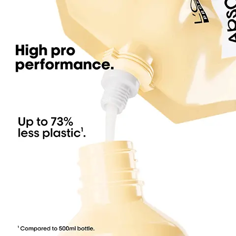 Image 1 - A yellow bottle being filled with liquid from a pouch, featuring the text High pro performance. Up to 73% less plastic. with a footnote stating Compared to 500ml bottle.
              Image 2 - Image shows a pack of LOréal Absolut Repair hair products featuring a large pouch labeled 1 pouch 500ml and a smaller bottle labeled 500ml with a pump, accompanied by text stating Your 6-month pack and 3.5x washes per week.
              Image 3 - Image depicts a creamy, bubbly product with a smooth texture alongside text highlighting benefits: Instant resurfacing, Up to 77% less damage, Up to 7x shinier hair, Softer hair, with asterisk indicating instrumental test after 5 applications of Shampoo + resurfacing Mask.
              Image 4 - Image shows two sections of hair labeled Before on the left with frizzy, unstyled hair and After on the right with smooth, styled hair; below the hair are three bottles of hair products, with the text Not retouched.
              Image 5 - Image shows a step-by-step guide on how to refill a shampoo bottle, with three numbered instructions: 01 Take your empty shampoo bottle. Do not rinse it. Unscrew the bottle & refill caps. 02 Take the refill pouch and pour it up slowly inside the bottle. 03 Screw the cap and use your shampoo as usual. Refill the bottle maximum 3 times.
              Image 6 - Image shows a LOréal Absolut Repair shampoo pouch next to two refillable shampoo bottles, with the text Refill your bottles and sizing details indicating 1 pouch equals 1x 500ml or 1.5x 300ml.
              Image 7 - Image showing a person’s back with curly hair, split into two halves labeled Before and After; the left side has frizzier hair, while the right side displays defined curls, with hair care products displayed at the bottom. Not retouched.
              Image 8 - Image shows a series of four steps demonstrating the use of LOréal Absolut Repair hair product, including a bottle and a pouch; visible text includes Absolut Repair and LOréal Professional.
              Image 9 - Image shows a variety of haircare product refills in bottles and pouches arranged on a white background, with visible text stating New refills. Available for all top sellers.