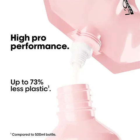 Image 1 - A close-up image of a pink plastic bottle with a nozzle dispensing a white liquid, featuring text that reads High pro performance and Up to 73% less plastic.
              Image 2 - Image shows a LOreal hair care product set consisting of a pink pouch labeled Vitamin Color with a capacity of 500ml, next to a matching pink bottle also labeled Vitamin Color with a capacity of 500ml, along with the text Your 6-month pack and details about the pouch and bottle sizes.
              Image 3 - An image featuring a creamy, foamy substance with the text Protect colour. Colour lasts longer, for up to 8 weeks. Up to 6x shinier hair. Up 48h long lasting shine. *Instrumental test after application of Shampoo + Conditioner.
              Image 4 - A woman with long, straight hair seen from the back, showing a comparison of hair texture before and after using a product, with the words Before and After at the top, and product bottles at the bottom, along with the text Not retouched.
              Image 5 - Image showing a step-by-step guide on how to refill a shampoo bottle, with numbered instructions: 01 Take your empty shampoo bottle. Do not rinse it. Unscrew the bottle & refill caps. 02 Take the refill pouch and pour it up slowly inside the bottle. 03 Screw the cap and use your shampoo as usual. Refill the bottle maximum 3 times.
              Image 6 - An image of LOreal hair care products showing a large refill pouch labeled Vitamin O Color alongside two smaller bottles, with visible text stating Refill your bottles, 1 pouch 500ml = 1x 500ml or 1.5x 300ml and a description of the shampoo as Shampooing professionnel.
              Image 7 - Image shows a comparison of hair before and after using a product, with the left side labeled Before showing frizzier curls, and the right side labeled After displaying defined curls, accompanied by three hair care products at the bottom labeled not retouched.
              Image 8 - Image shows four steps illustrating the use of LOréal Vitamin Color hair care products: step 1 features a bottle and a pouch, step 2 shows the cap being twisted off, step 3 indicates the pouch being squeezed, and step 4 displays the bottle filling with the product.
              Image 9 - A collection of shampoo and conditioner bottles and refill pouches arranged neatly, featuring a variety of hair care products with labels visible, alongside the text New refills. Available for all top sellers.