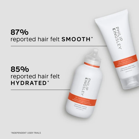 Image 1 - Image shows a side-by-side comparison of a persons hair before and after styling; the left side displays frizzy, wavy hair, and the right side shows straight, smooth hair with a polished finish, labeled BEFORE on the left and AFTER on the right.
              Image 2 - A person is holding a tube of Philip Kingsley Re-Moisturizing conditioner, with key benefits listed on the right side including intensely hydrates, reduces frizz, and optimizes moisture retention.
              Image 3 - A white tube of Philip Kingsley Re-Moisturizing Smoothing Conditioner with orange accents, displaying key ingredients: Hydrolyzed Oat Protein, which softens hairs texture and aids moisture retention, and a Unique Blend of Waxes that smooth and moisturize cuticles for reflective shine.
              Image 4 - A person holds a tube of Philip Kingsley Re-Moisturizing Smoothing Conditioner, with visible text showing a trichologist tip to gently work the conditioner into mid-lengths and ends of the hair, avoiding the roots and rinsing well.
              Image 5 - Image of a tube of Philip Kingsley Re-Moisturizing Smoothing Conditioner standing upright with bubbles around it, featuring text stating 87% reported hair felt HYDRATED and SOFT* and 82% reported hair felt SMOOTH*, along with the note *INDEPENDENT USER TRIALS.
              Image 6 - Alt text generation failed
              Image 7 - A person holds a bottle of Philip Kingsley Re-Moisturizing Smoothing Shampoo, which features a white body and a red label, with the text KEY BENEFITS and three bullet points outlining the benefits of the product.
              Image 8 - Image shows two side-by-side photos of a persons hair; on the left, the hair is wavy and unstyled labeled as BEFORE, and on the right, the hair is smooth and straight labeled as AFTER.
              Image 9 - Before and after images show a persons hair: on the left, the hair is curly and frizzy, while on the right, it is straight and smooth; visible text indicates BEFORE above the left image and AFTER above the right image.