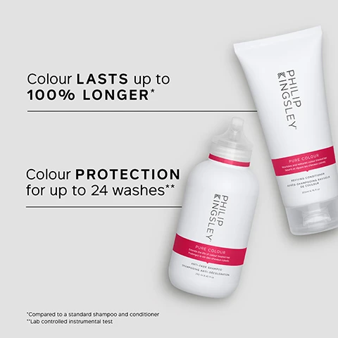 Image 1 - Image shows two hair care products from Philip Kingsley: a shampoo bottle and a conditioner tube with text stating Colour LASTS up to 100% LONGER* and Colour PROTECTION for up to 24 washes**.
              Image 2 - Image of a shampoo bottle and conditioner tube from Philip Kingsley, with a customer review stating that both products leave hair shiny and healthy, and expressing satisfaction with how they maintain color.
              Image 3 - Image showing two side-by-side photos of a woman’s hair labeled BEFORE on the left, depicting straight, shiny brown hair, and AFTER on the right, showcasing voluminous, wavy brown hair with more body and texture.