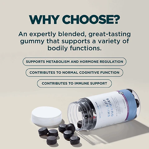Image 1 - The image shows an open jar of Myvitamins Wellness Shilajit Gummies, marked 60 GUMMIES, with several black gummies spilled out, next to text that asks WHY CHOOSE? and states An expertly blended, great-tasting gummy that supports a variety of bodily functions, further listing SUPPORTS METABOLISM AND HORMONE REGULATION, CONTRIBUTES TO NORMAL COGNITIVE FUNCTION, and CONTRIBUTES TO IMMUNE SUPPORT. Image 2 - A close-up shot of numerous dark, textured, spherical objects with the text PACKED WITH SHILAJIT AND ASHWAGANDHA. Image 3 - Two dark, round gummies are shown, one with measurements indicating a 21mm diameter and 11mm height, alongside the text DAILY SUGGESTED SERVING - 1 GUMMY. Image 4 - The image shows a white table with black text detailing Nutritional Information under the heading Active Ingredients, listing Daily Serving 2 Gummies, Shilajit 10:1 Extract 150mg, Ashwagandha 10:1 Extract 27mg, Zinc 3.0mg(30%*), Vitamin B6 1.4mg(100%*), Vitamin B12 2.5µg(100%*), with a footnote *NRV - Nutrient Reference Value.