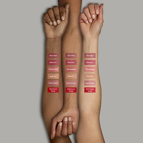 Image 1 - Three forearms of different skin tones are shown vertically, each with five rectangular swatches of makeup applied, labeled Plum Allure, Berry Icon, Pink Spotlight, Nude Chic, Rose Couture, and Red Carpet Ready. Image 2 - Before and After. Image 3 - Before and After. Image 4 - Before and After.
