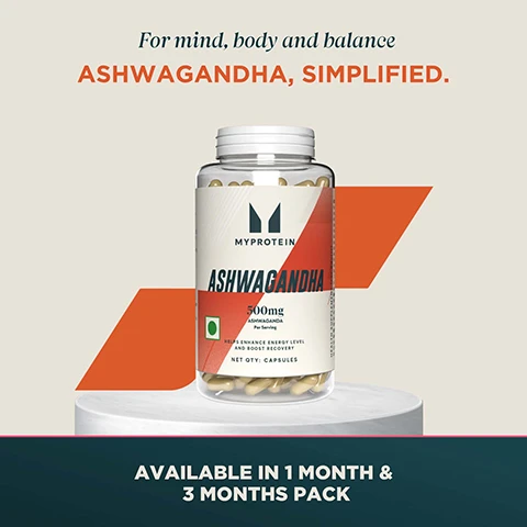 Image 1 - A transparent bottle of Myprotein Ashwagandha 500mg capsules sits on a white pedestal, with text above reading For mind, body and balance ASHWAGANDHA, SIMPLIFIED, and the bottle label displaying Myprotein Ashwagandha 500mg Per serving Helps enhance energy level and boost recovery Net qty: Capsules, while text at the bottom reads AVAILABLE IN 1 MONTH & 3 MONTHS PACK. Image 2 - A bottle of Myprotein Ashwagandha 500mg capsules is displayed on a white pedestal, with four icons representing benefits around it; the visible text includes For when life doesnt slow down — you can DAILY ASHWAGANDHA FOR FOCUS, CALM AND BALANCE, Myprotein Ashwagandha 500mg ASHWAGANDAGA Per Serving HELPS ENHANCE ENERGY LEVEL AND BOOST RECOVERY NET QTY: CAPSULES, Energy Support, Natural Stress Relief, Enhances Endurance, Ayurveda Rooted, Science Backed, and TRADITIONALLY KNOWN CLINICALLY RESPECTED. Image 3 - An infographic with three circular charts comparing Myprotein Ashwagandha 500mg to other Ashwagandha products, with visible text reading Potency 85% 50% Bio-availabilty 85% 55% Energy Support 85% 40% Other Ashwagandha MYPROTEIN ASHWAGANDHA 500MG PURE • POTENT • PROVEN. Image 4 - A Myprotein Ashwagandha 500mg capsule bottle is shown surrounded by text describing its features and use, including How do I take it? JUST 1-2 CAPSULES A DAY. THATS IT. Ashwagandha 500 mg, No Messy Powder, No Bitter Taste, JUST PLANT-POWERED PEACE, and SIMPLE. SUBTLE. STRONG. Image 5 - A persons face is shown in profile with a light-colored device held to their nose, and below this are the following text details: THG NUTRITION (INDIA) PRIVATE LIMITED 203, 2ND FLOOR, TIME TOWER, GURUGRAM, HARYANA-122002. fssai logo Lic No. 10822999000629. Green square with green circle. CUSTOMER CARE: Retailed & Marketed by: THG Nutrition (India) Private Limited, 2nd Floor, Unit No.203, Time Tower, MG Road, Sector-28, Sushant Lok Phase1, Gurgaon-122002, India. Manufactured By: Zeon Lifesciences Ltd, Healthcare-2, Village Kunja, Rampur Road, Paonta Sahib-173025, Sirmaur, (H.P.), India. FSSAI LIC.No.10013062000225. For complaints/feedback/suggestions, contact consumer care executive at email: myprotein.india@thehutgroup.com or TEL: 00080 0040 3880. For contact address: Refer Retailer Address. Image 6 - A bottle of Myprotein KSM66 Ashwagandha capsules is displayed alongside text reading No messy powders. No steeping. No stress. JUST 500MG DAILY. KSM-66 DOESNT JUST CHILL YOU OUT IT LOCKS YOU IN. Peak endurance. Resilient mindset. Recovery built-in. THIS IS FOCUS. POWER. RECOVERY. IN ONE CAPSULE.
