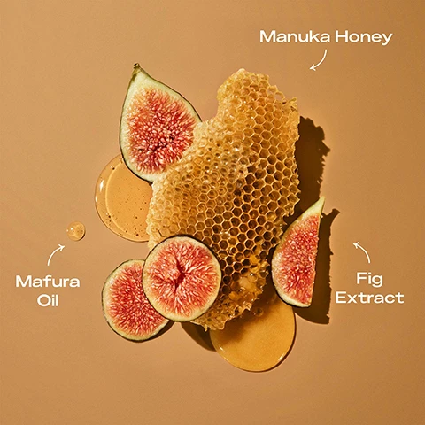 Image 1 - An arrangement of honeycomb, fresh figs sliced to reveal their pink flesh, and drops of honey or oil on a beige background, with text labels indicating Mafura Oil, Manuka Honey, and Fig Extract.
              Image 2 - A jar of SheaMoisture Manuka Honey & Mafura Oil Intensive Hydration Leave-In Conditioner is displayed on a beige background, with notes highlighting its benefits: Great for curly and coily hair, Deeply nourishes and smooths, Boosts moisture, Enhances definition, and Perfect as a leave-in or to rehydrate hair.