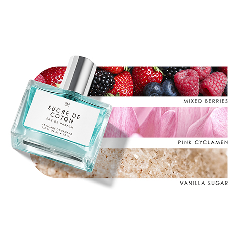 Image 1 - A clear glass perfume bottle labeled Sucre de Coton is placed on a colorful background featuring mixed berries, pink cyclamen flowers, and vanilla sugar, with text indicating each scent note.