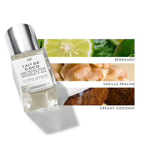 Image 1 - A perfume bottle labeled Lait de Coco is positioned at an angle, surrounded by images of lime, nuts, and coconut, with the words Bergamot, Vanilla Praline, and Creamy Coconut clearly visible.