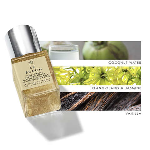 Image 1 - A perfume bottle labeled LE BEACH is shown alongside a background that features images of coconut water, yellow ylang-ylang flowers, and vanilla, with the words COCONUT WATER, YLANG-YLANG & JASMINE, and VANILLA displayed prominently.