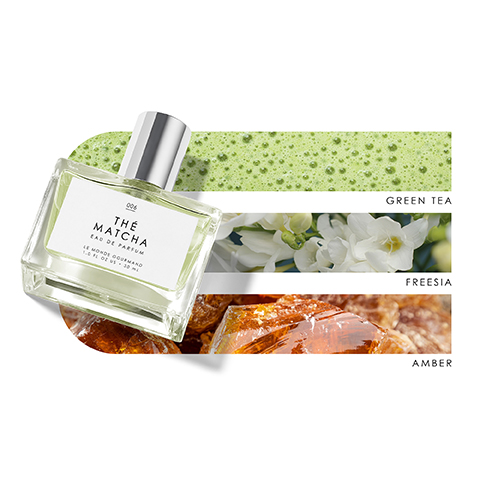 Image 1 - A bottle of perfume labeled THE MATCHA is positioned over a background featuring sections of green tea foam, white freesia flowers, and amber crystals, with the words GREEN TEA, FREESIA, and AMBER displayed next to their respective images.