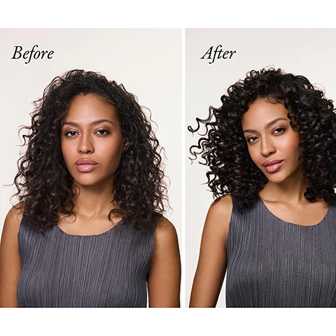 Image 1 - A split image shows a womans curly hair before and after a treatment with the text Before and After. Image 2 - A side-by-side image shows a woman with long straight hair labeled Before and the same woman with long wavy voluminous hair labeled After. Image 3 - Image showing an Oribe Supershine Hydrating Shampoo bottle with foam and a Supershine Hydrating Conditioner tube with text overlay Supershine Hair is 2.9x smoother¹ and product labels reading ORIBE Supershine Hydrating Shampoo shampooing hydratant and ORIBE Supershine Hydrating Conditioner après-shampooing hydratant and footnote ¹ Based on a clinical study of Supershine Hydrating Shampoo, Conditioner and Supershine Moisturizing Cream when used as a system vs. a control group.
