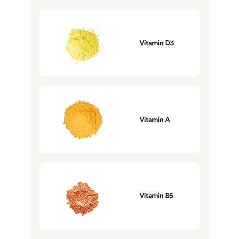 Image 1 - Image shows three different colored powders displayed in circular mounds on a light background, labeled as Vitamin D3, Vitamin A, and Vitamin B5.