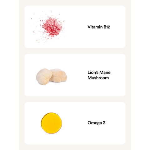 Image 1 - Image shows three health supplement ingredients: bright pink powder representing Vitamin B12 at the top, a cluster of beige Lions Mane mushrooms in the middle, and a round yellow droplet symbolizing Omega 3 at the bottom.